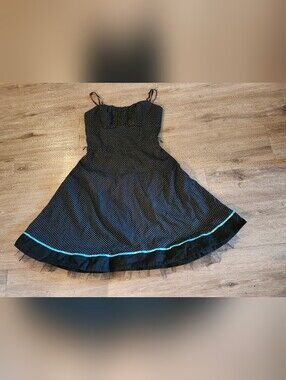 Vintage Retro Polka Dot Dress with Teal Ribbon & Tulle Trim